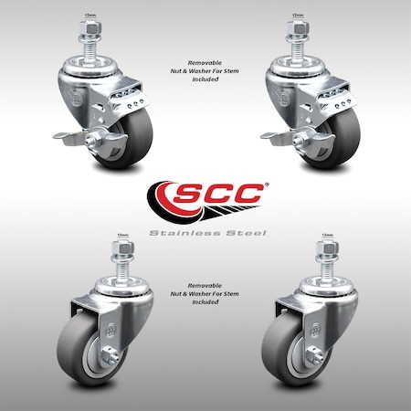 Service Caster 3.5 Inch SS Thermoplastic Rubber Swivel 1/2 Inch Threaded Stem Caster Brakes, 2PK SCC-SSTS20S3514-TPRB-M1215-2-TLB-2